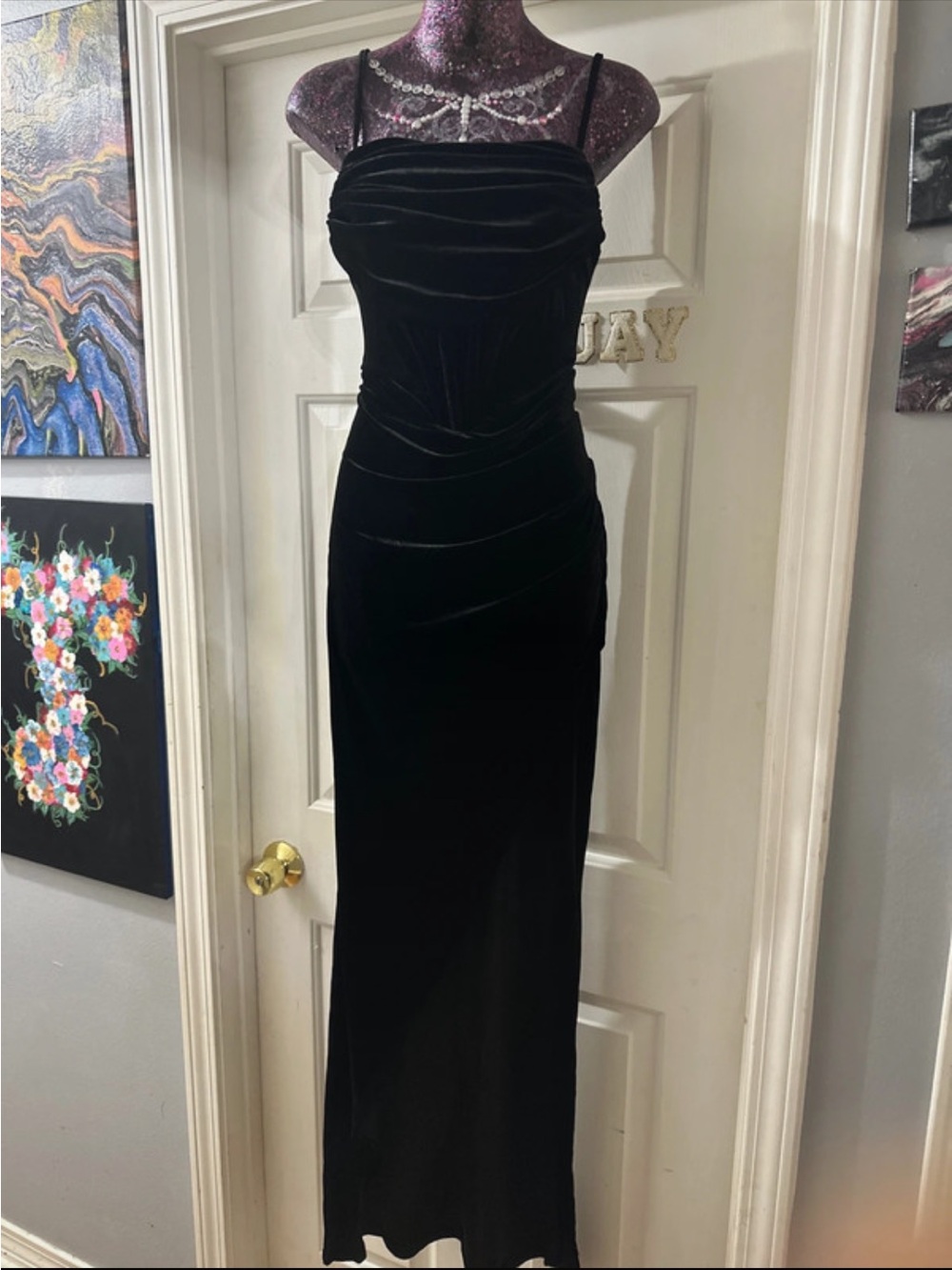 Black Velvet Evening Slip Dress - Elegant Spaghetti Strap Gown